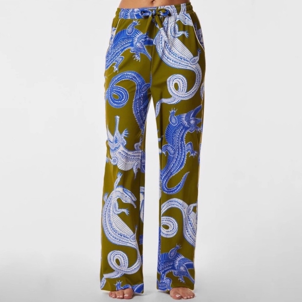 Noli Olive and Blue Dragon Print Wide Leg Pants